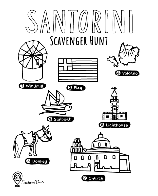 Santorini scavenger hunt coloring page for adults and kids.