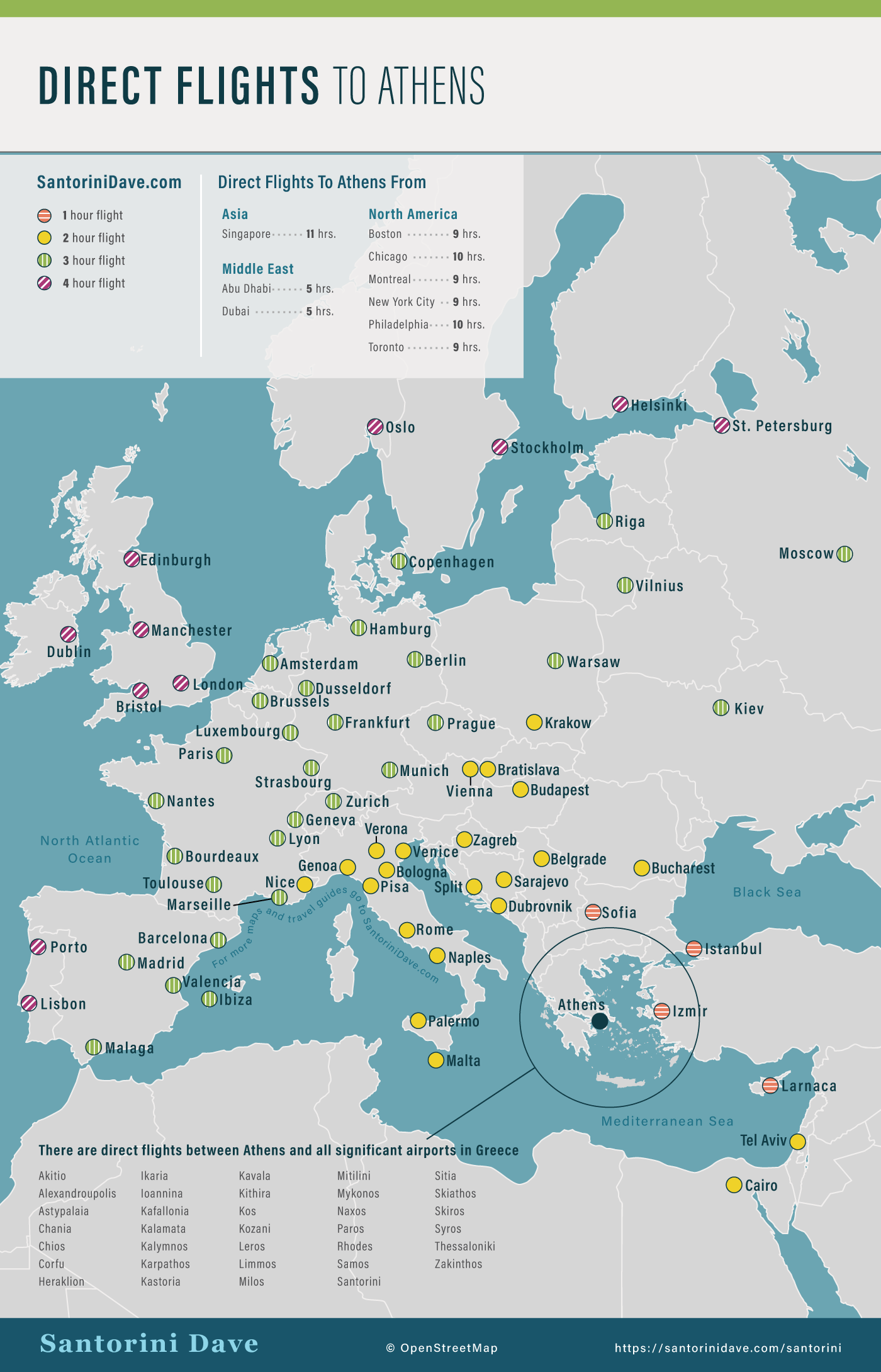 Map showing airports that have direct flights to Athens