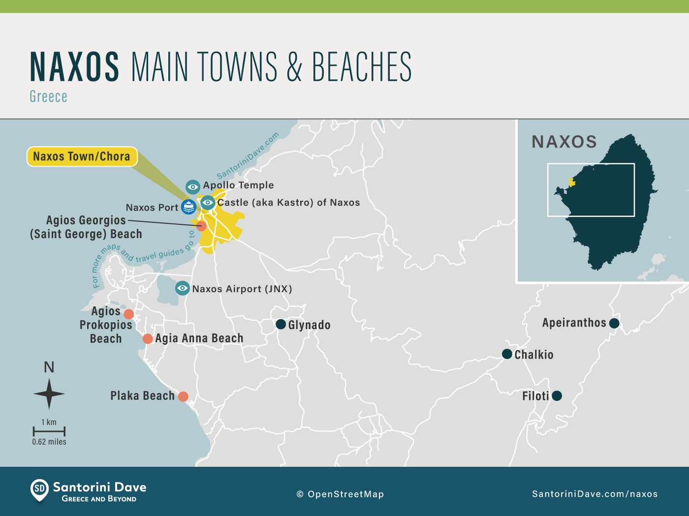 Map showing the main towns and beaches in the island of Naxos in Greece