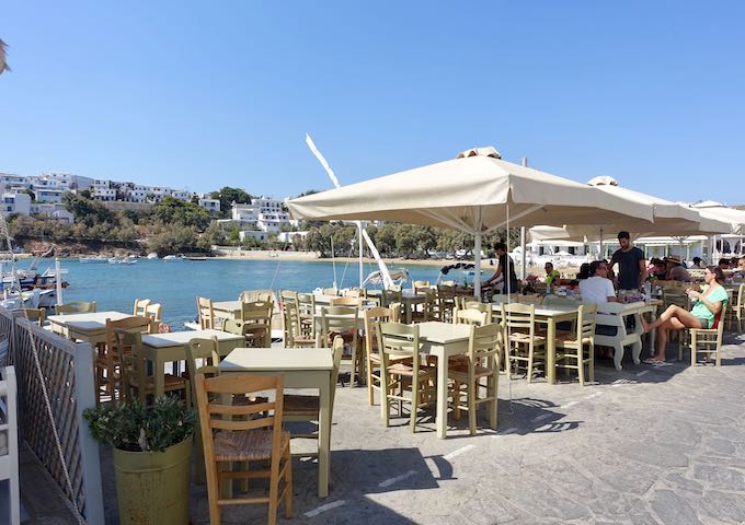 Seaside dining at Ouzeri Halaris in Piso Livadi, Paros