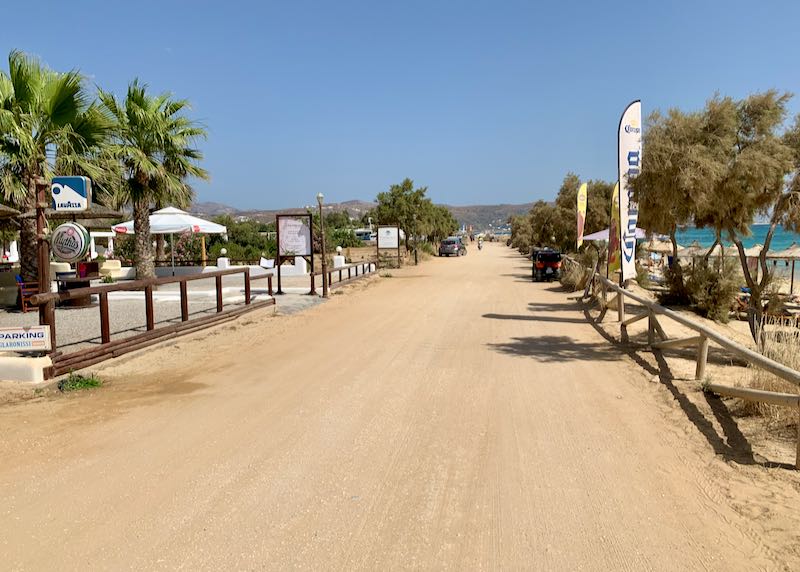 Restaurants at Plaka Beach in Naxos, Greece.