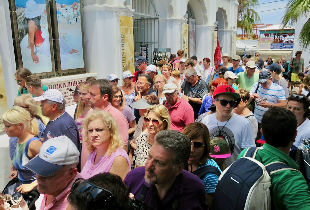 Cruise ship crowds in Fira, Santorini, Greece.