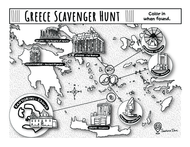 Greece scavenger hunt coloring page for adults and kids.
