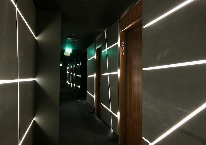 Corridors have motion-sensing lights.