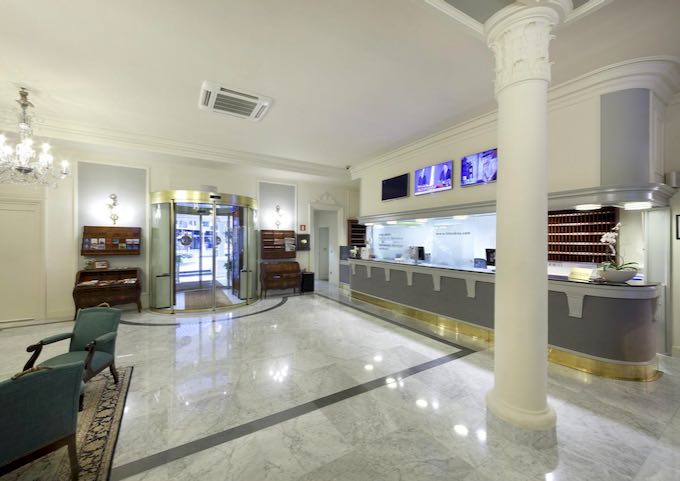 The lobby is classic and modern.