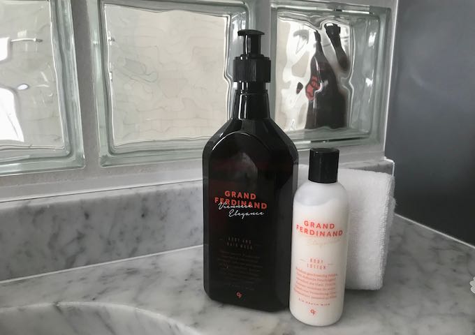 Toiletries are in refillable bottles.