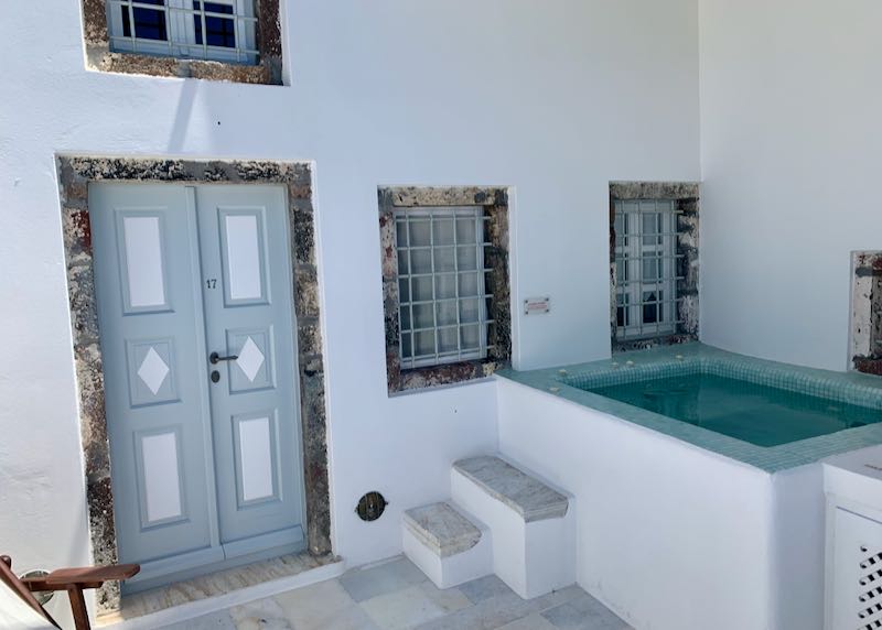 Cori Rigas Suites Fira private balcony with heated jacuzzi