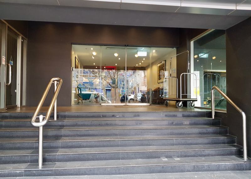 The hotel entrance is not too prominent.