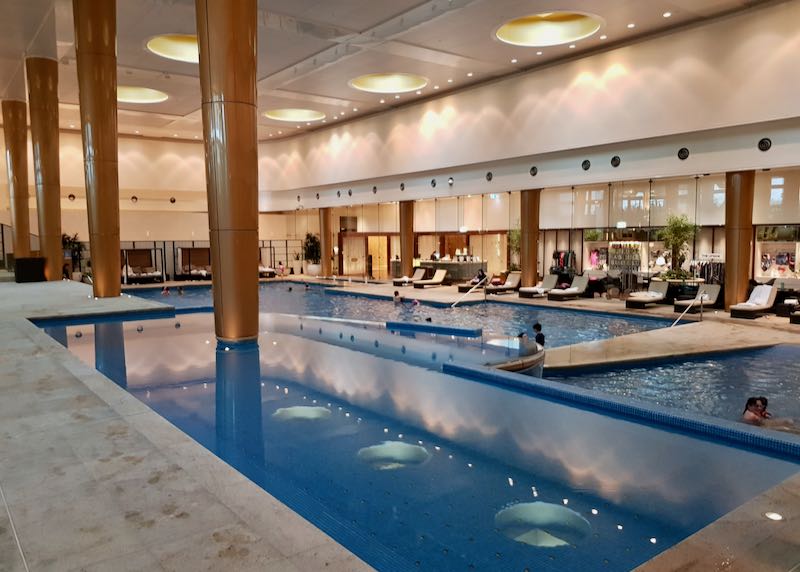 The hotel has a big heated pool.