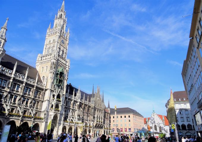 Marienplatz is home to the old and new town halls.