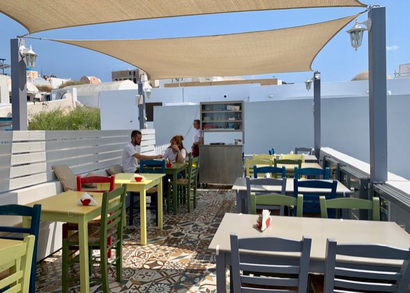 Rooftop patio at Elinikon restaurant in Oia Santorini