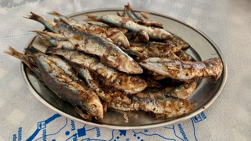 Grilled sardines arranged on a plate
