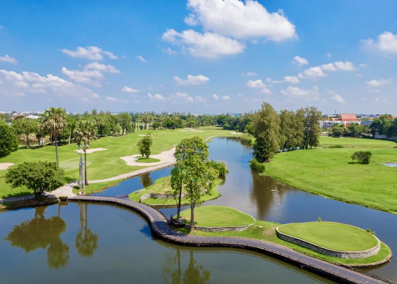 Resort near Bangkok airport with golf course, spa, and swimming pools.