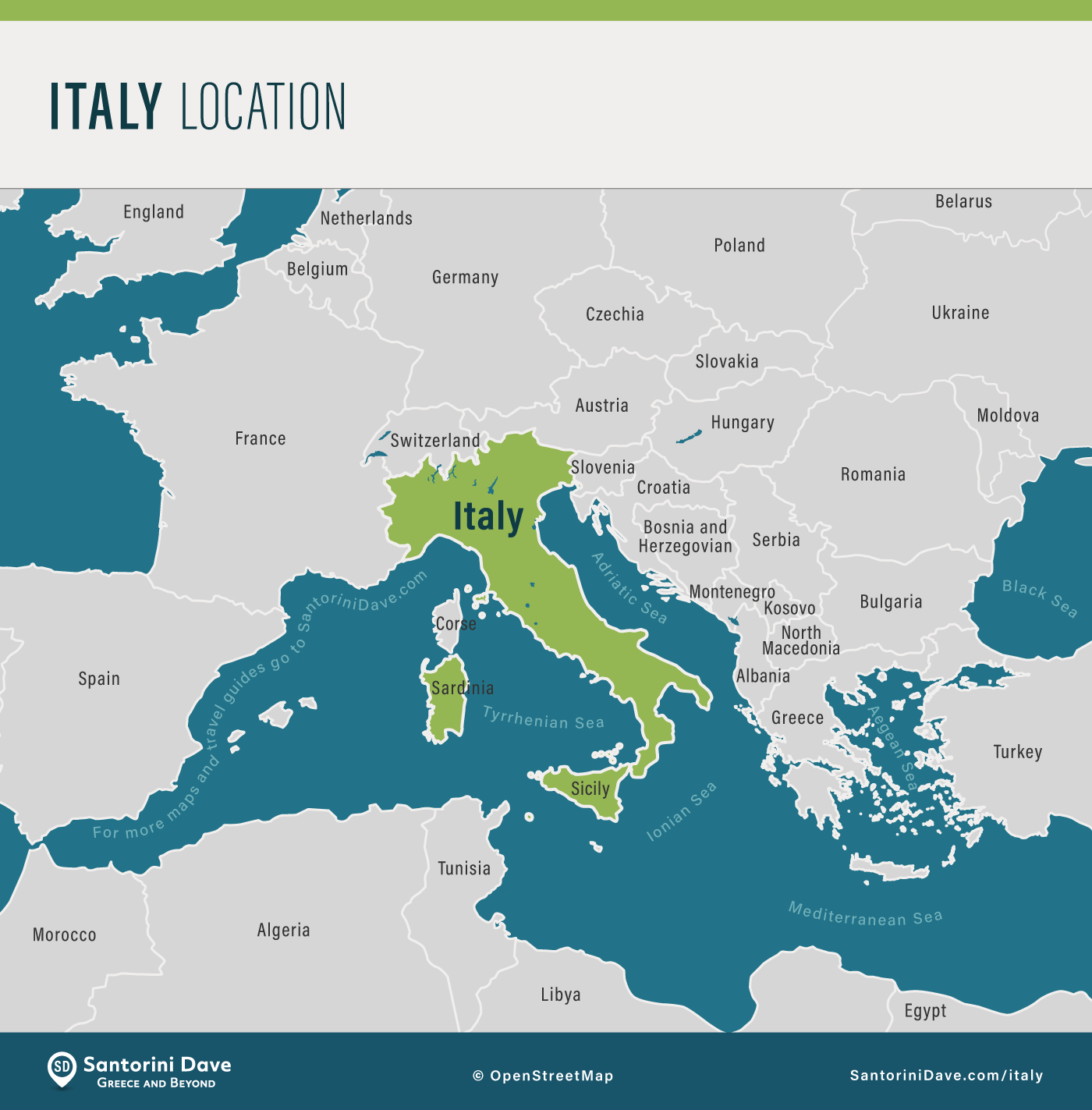 Žemėlapis, rodantis Italijos vietą, palyginti su aplinkinėmis regiono šalimis.