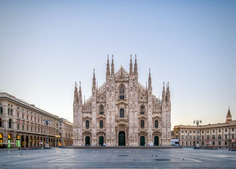 View of the Duomo di Milano from the center of the Piazza del Duomo in Milan