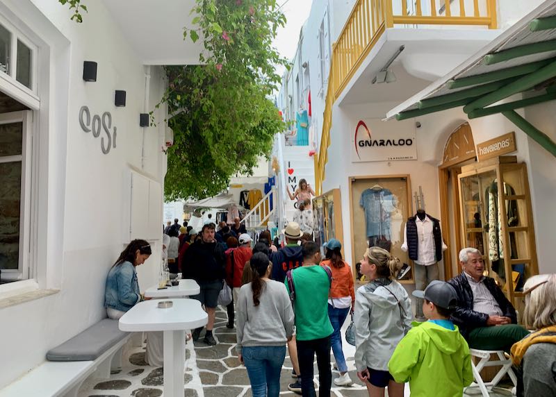 pedestrians of Mykonos Town