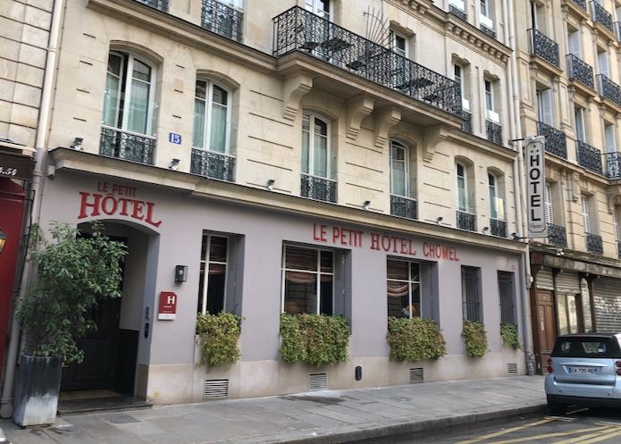 Exterior of a Paris hotel on a quiet side street in St. Germain
