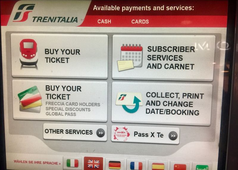 Opening screen in the self-serve ticket kiosk in Roma Centrale Station