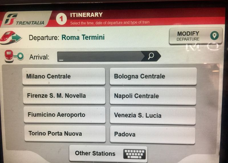 Screen to choose route on the self-serve ticket kiosks in Roma Termini Station