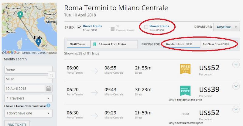 Screenshot of ItaliaRail website during the ticketbuying process