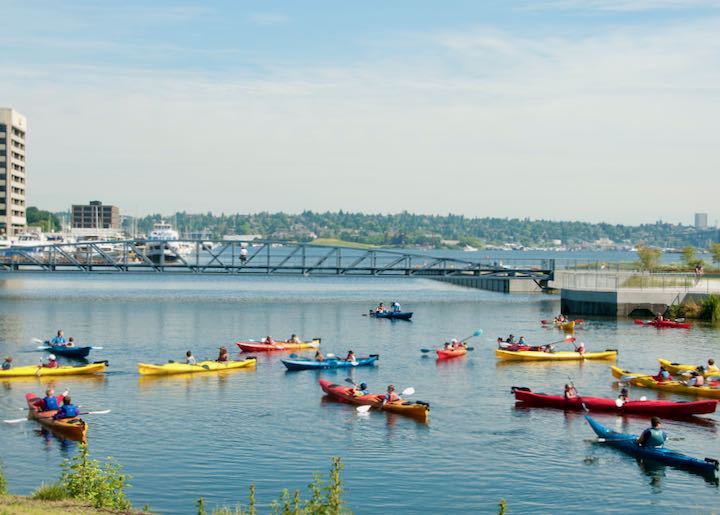 Kayaks in Seattle's Lake Union.