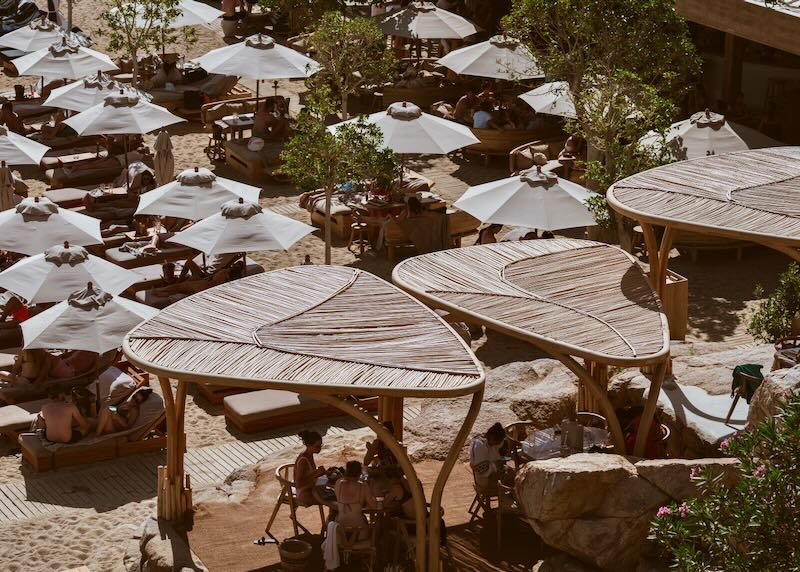 Beach loungers and umbrellas at Super Paradise Beach Club.