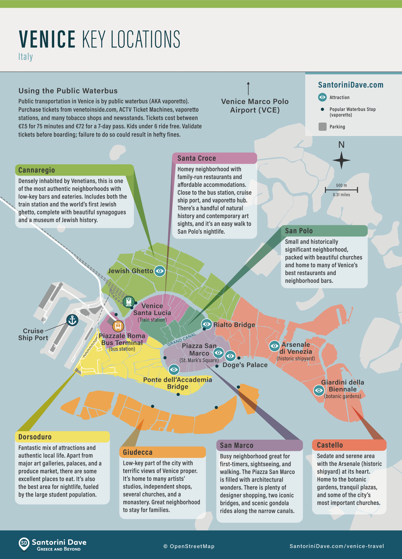 Map showing key locations and neighborhoods of Venice, Italy