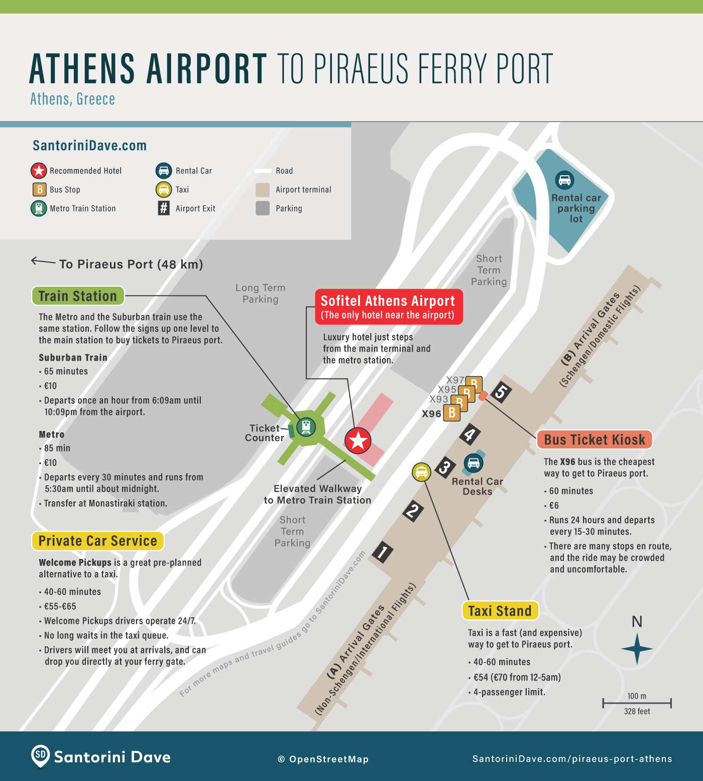 Map showing how to get from Athens Airport to Piraeus Ferry Port
