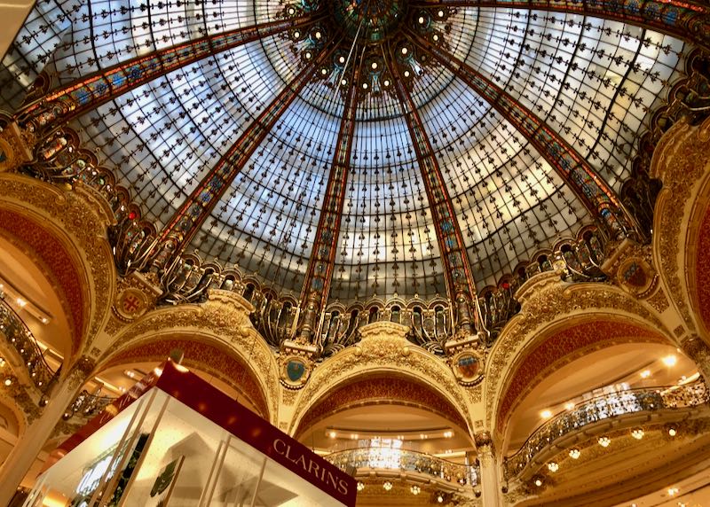 Ornate glass domed ceiling of a Parisian department store