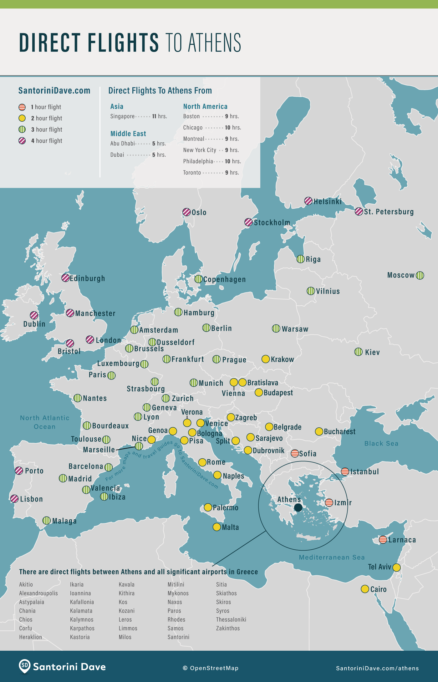 Map showing nonstop flights to Athens, Greece.