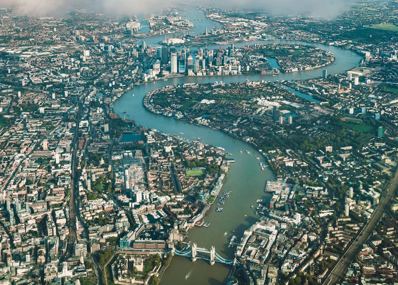View of London and the Thames from an airplane window