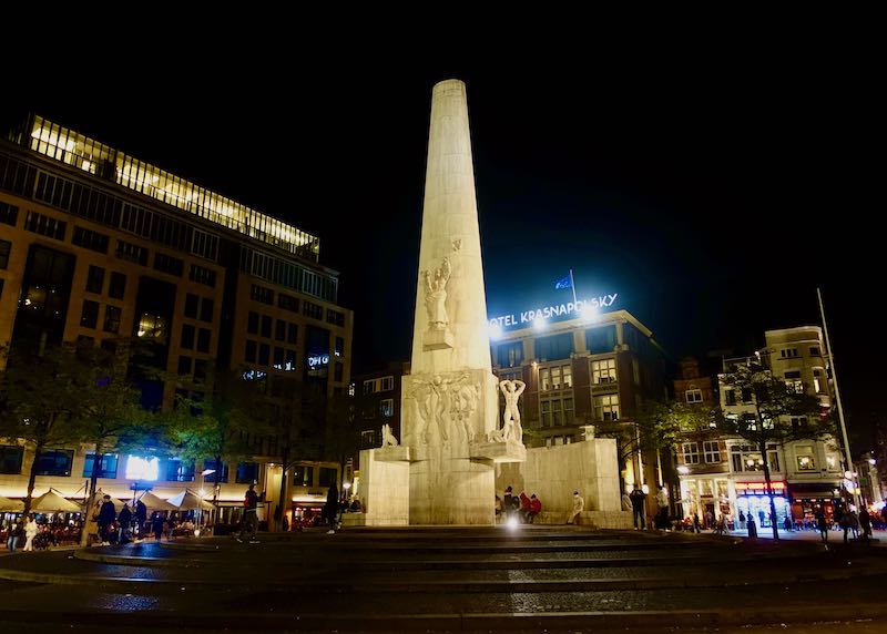 Night time in Dam Square, Amsterdam's most important square.