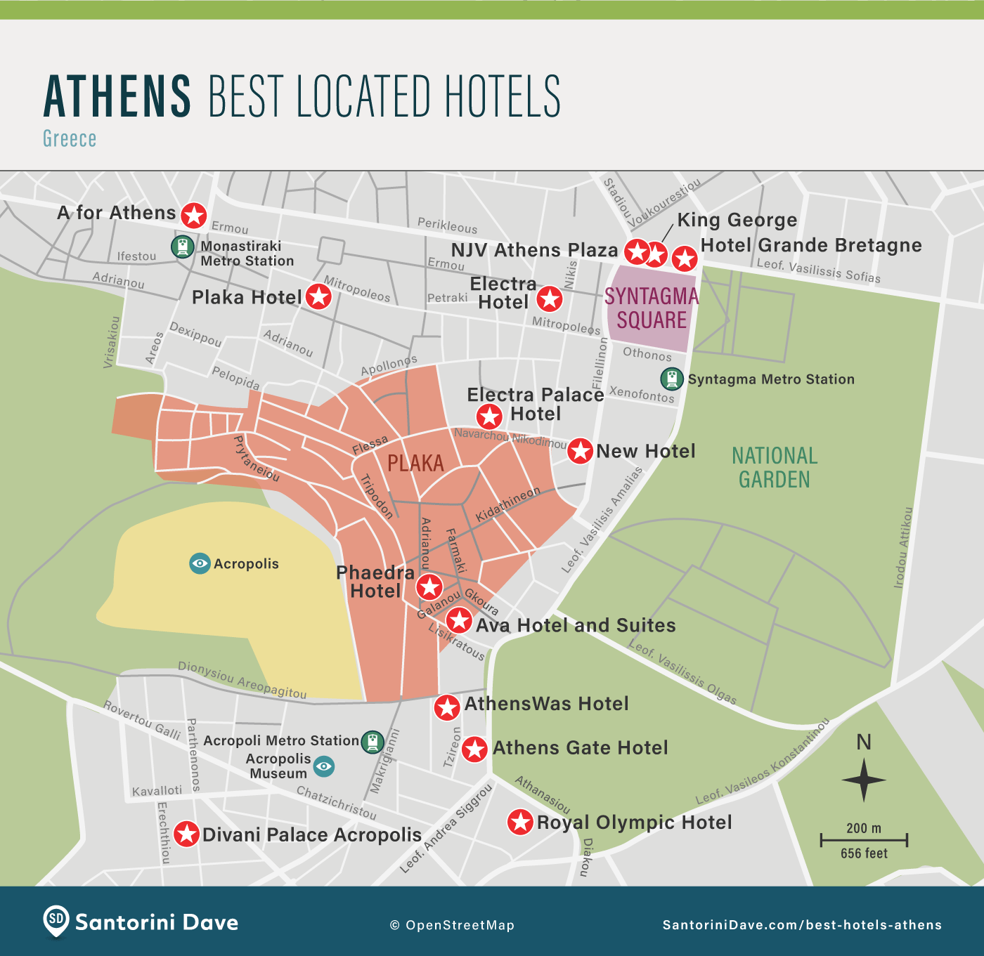 Map showing hotels and where to stay in central Athens.