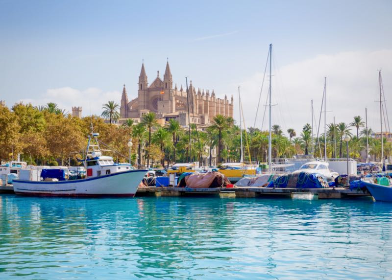 Palma de Mallorca port marina in Majorca with Cathedral church in the background