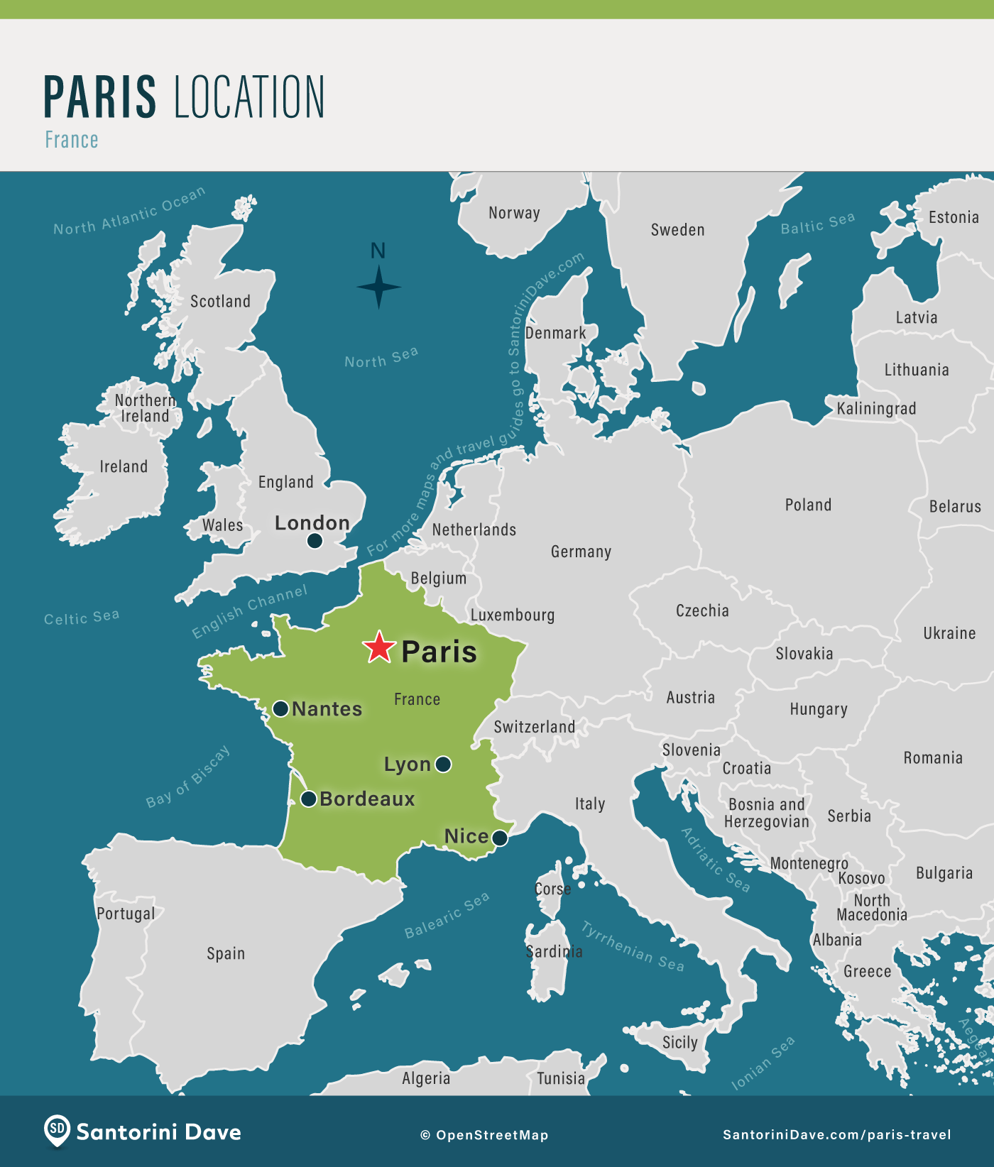 Map showing the location of Paris within France and the surrounding region