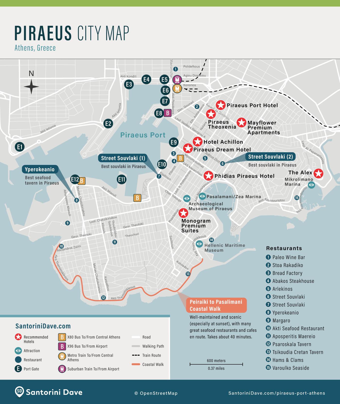 Map of hotels, port gates, bus and train stops, things to do, and restaurants at Piraeus Port in Greece.