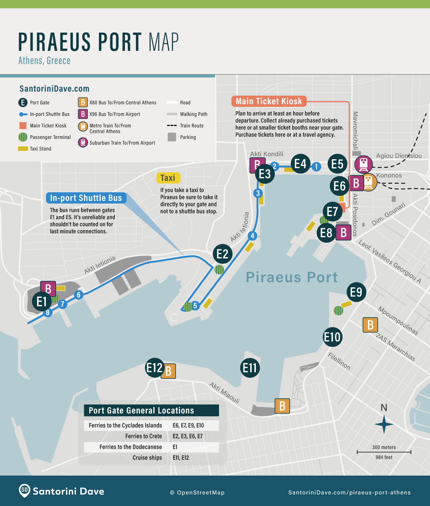 Map of Piraeus Port showing port gates, port shuttle bus route, passenger terminals, taxi stands, bus and train stops, and parking in Athens Greece.