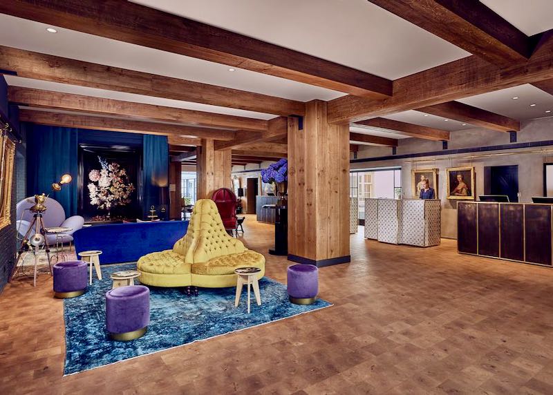 The lobby has a colorful and comfortable sitting area.