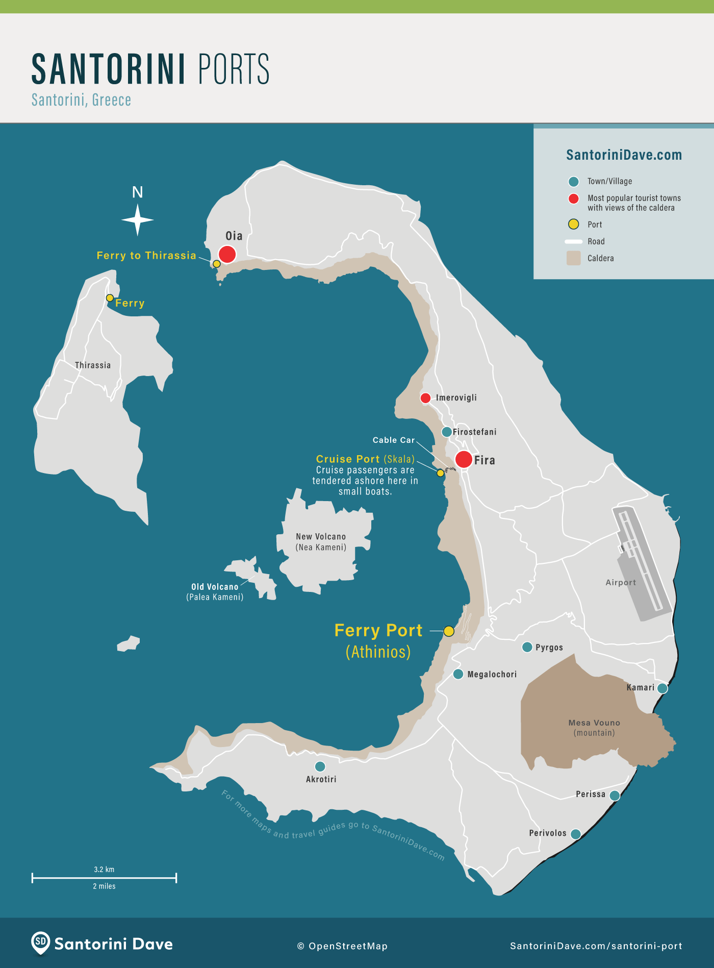 Map of Santorini with both ports and all major towns indicated