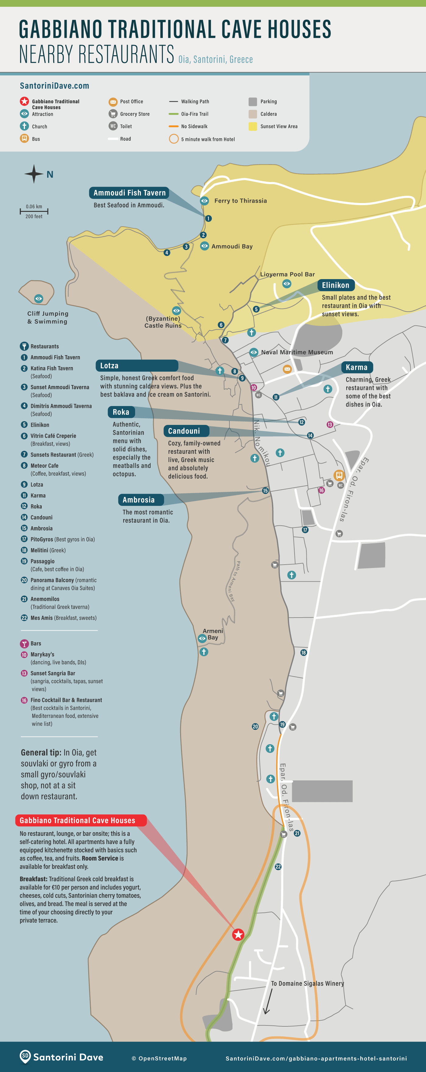 Map of restaurants near Gabbiano Traditional Cave Houses in Oia, Santorini