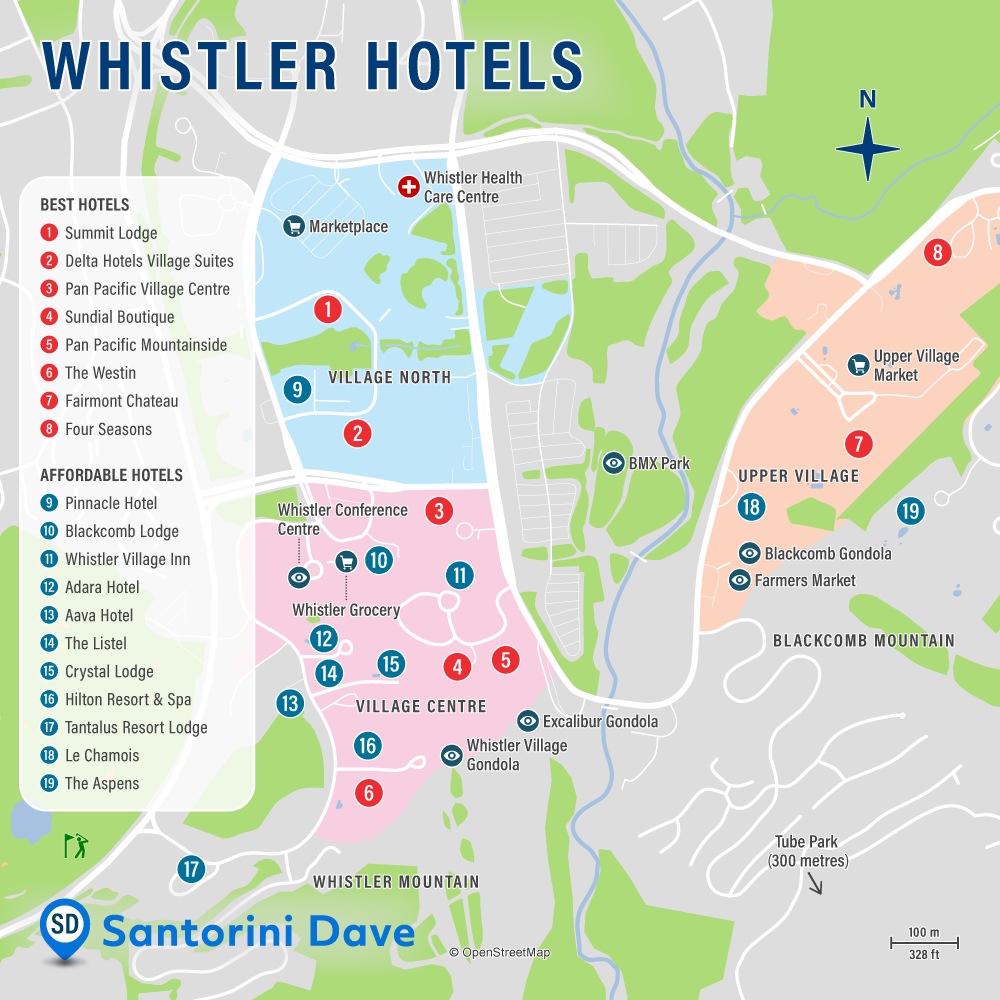 Map of hotels and resorts in Whistler, BC, Canada.