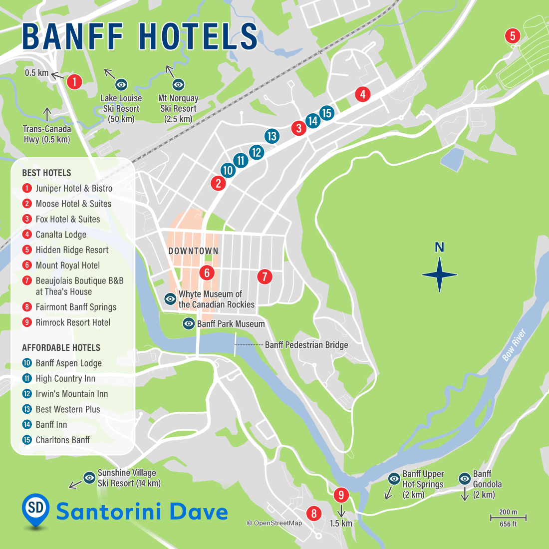 Map of hotels and ski resorts in Banff, Alberta, Canada.