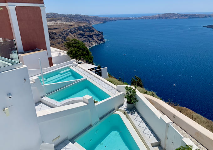 View over the Santorini caldera from the pool suites at Anteliz Suites