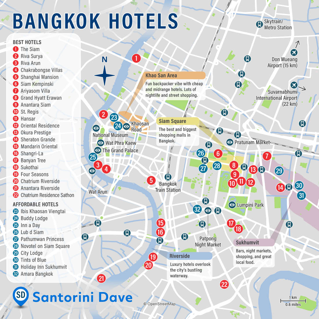Map of Bangkok hotels and neighborhoods.