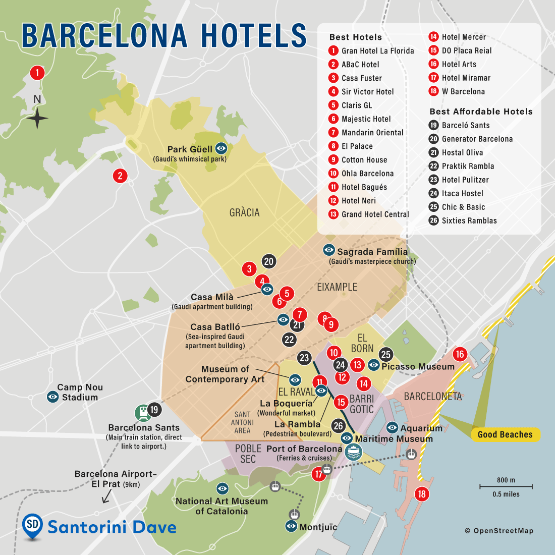 Map of Barcelona hotels and neighborhoods.