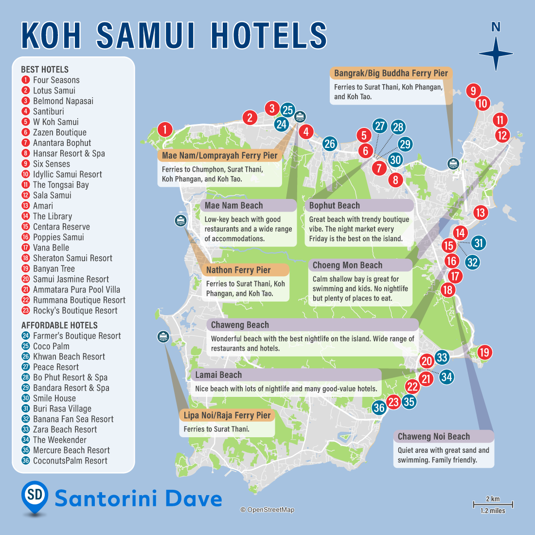 Map of Best Hotels, Resorts, and Beaches in Koh Samui, Thailand.