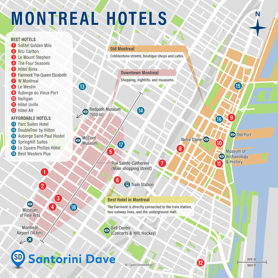 Map of Best Hotels and Neighborhoods in Montreal, Canada.