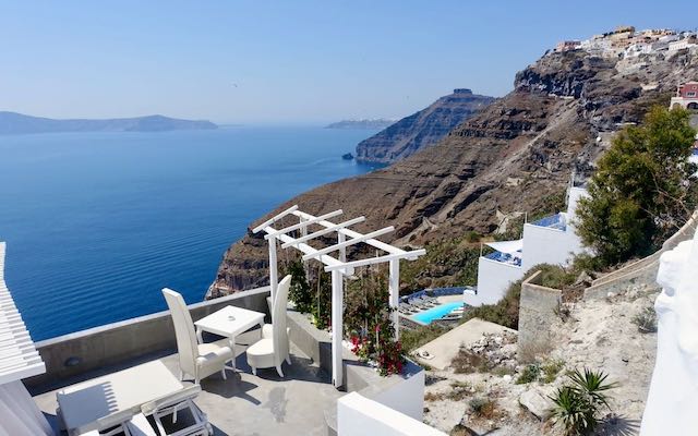 A terrace and caldera view from Andronis Honeymoon Suites in Fira, Santorini