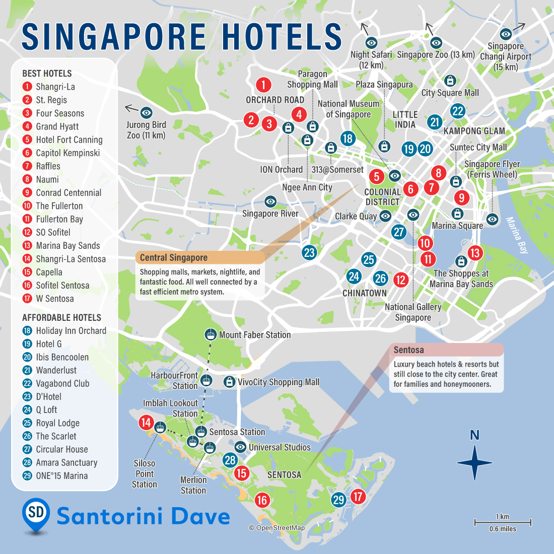 Map of best hotels and neighborhoods in Singapore.