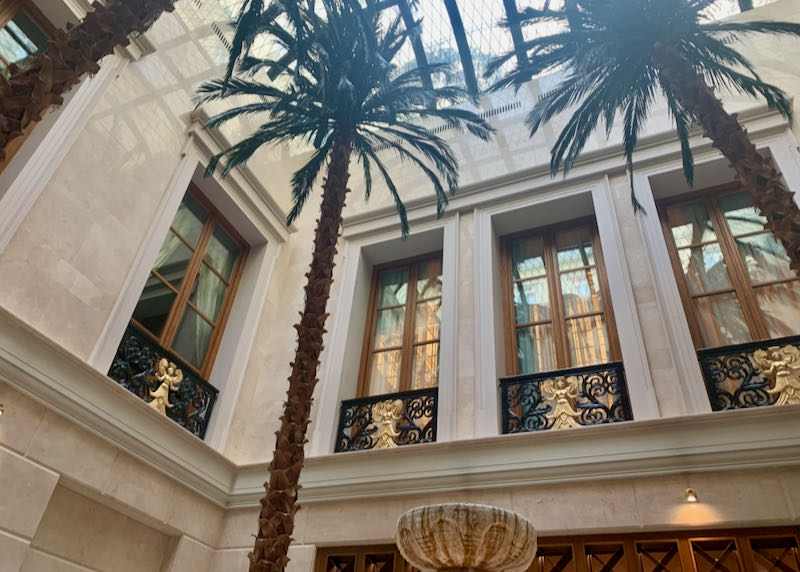 Courtyard atrium with glass ceilings and palm trees